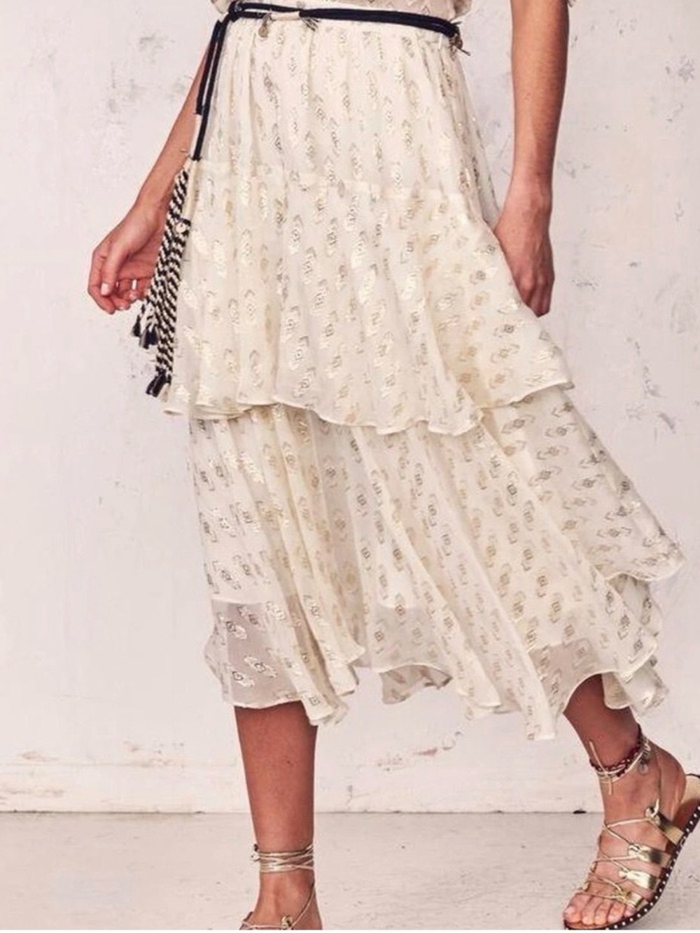 NWT LoveShackFancy Gold Metallic Silk Lurex A-Line Skirt Bohemian Luxe